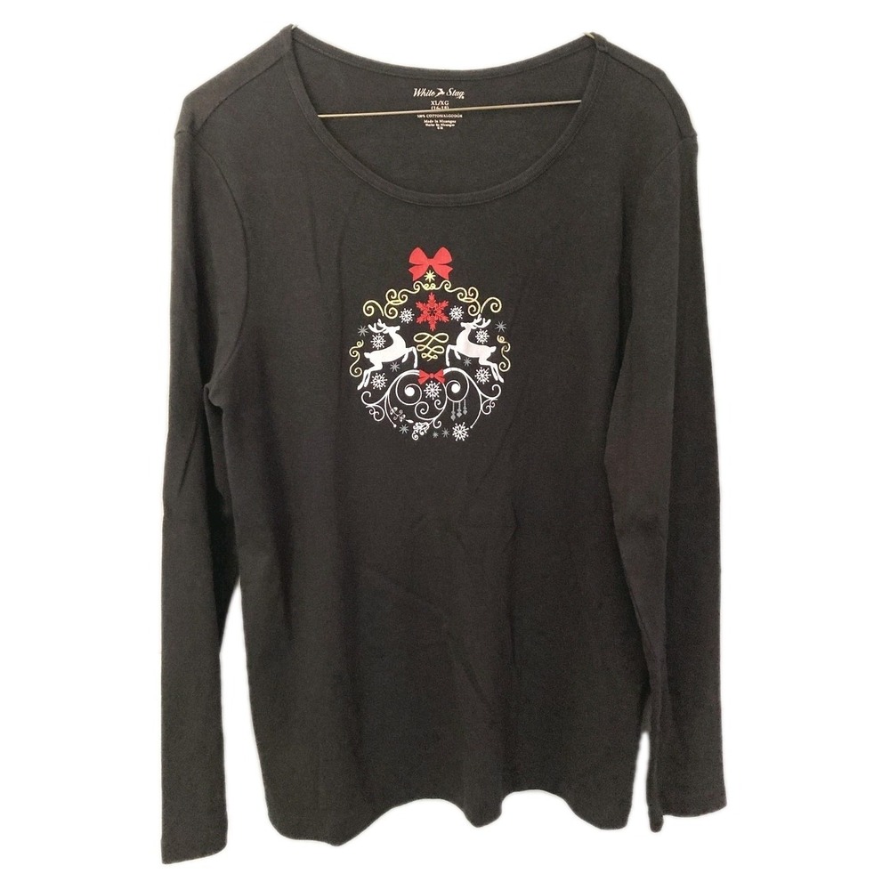 Vtg White Stag Shirt Women XL Blk Reindeer Christmas Graphic Long Sleeve Cotton